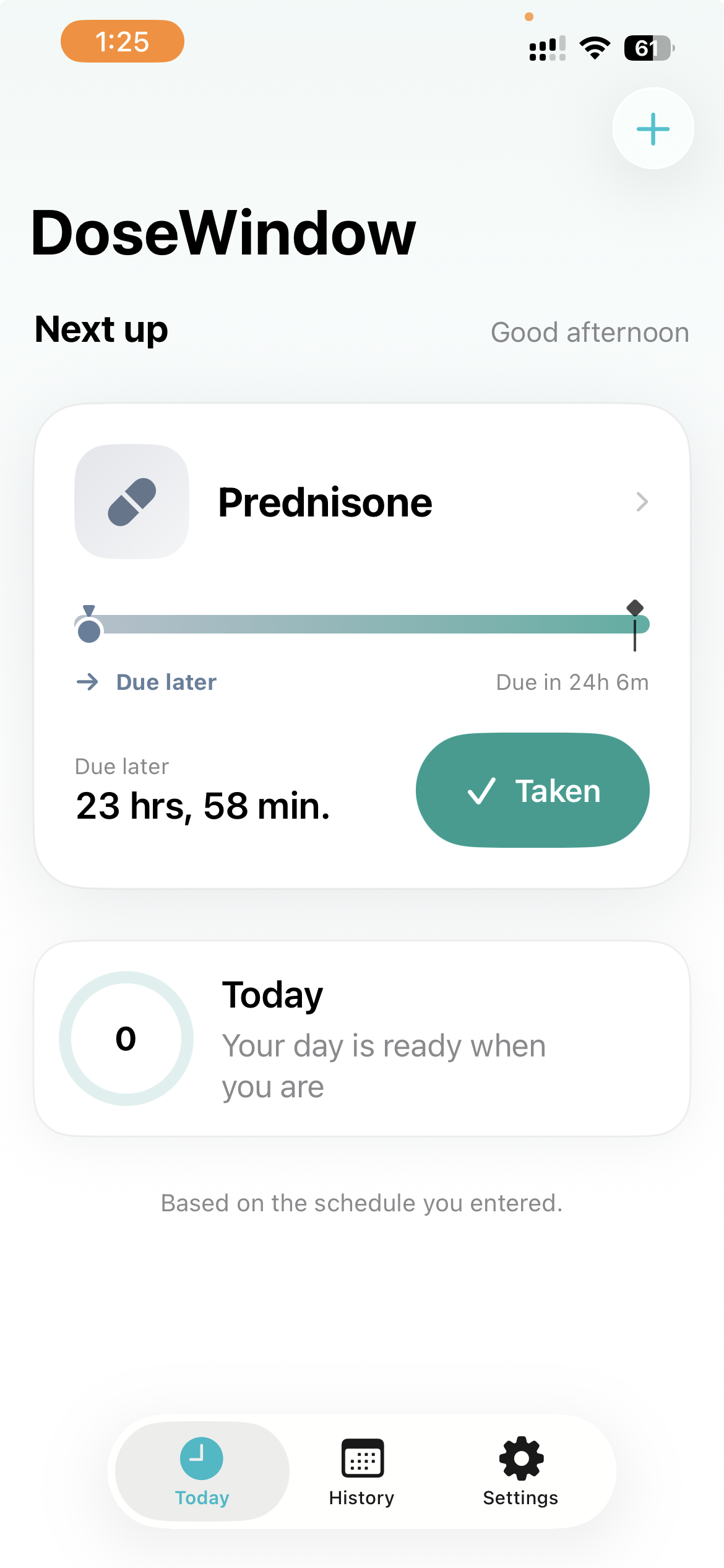 DoseWindow app home screen showing a sample medication timeline and Taken button